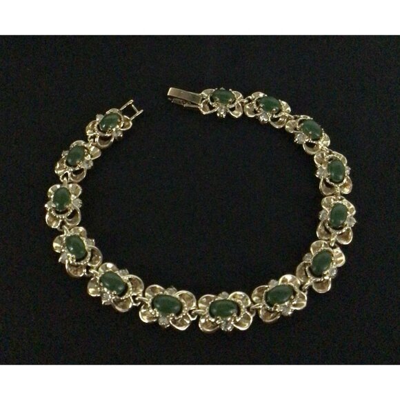 14 Stone Green Jade Filagree with 28 White Crystal Set Stone 7.5" Bracelet .36"W - Picture 2 of 4